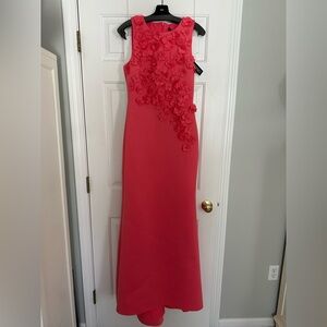 MOTHER OF THE BRIDE Badgley Mischka Coral Pink Dress with Floral Appliqué